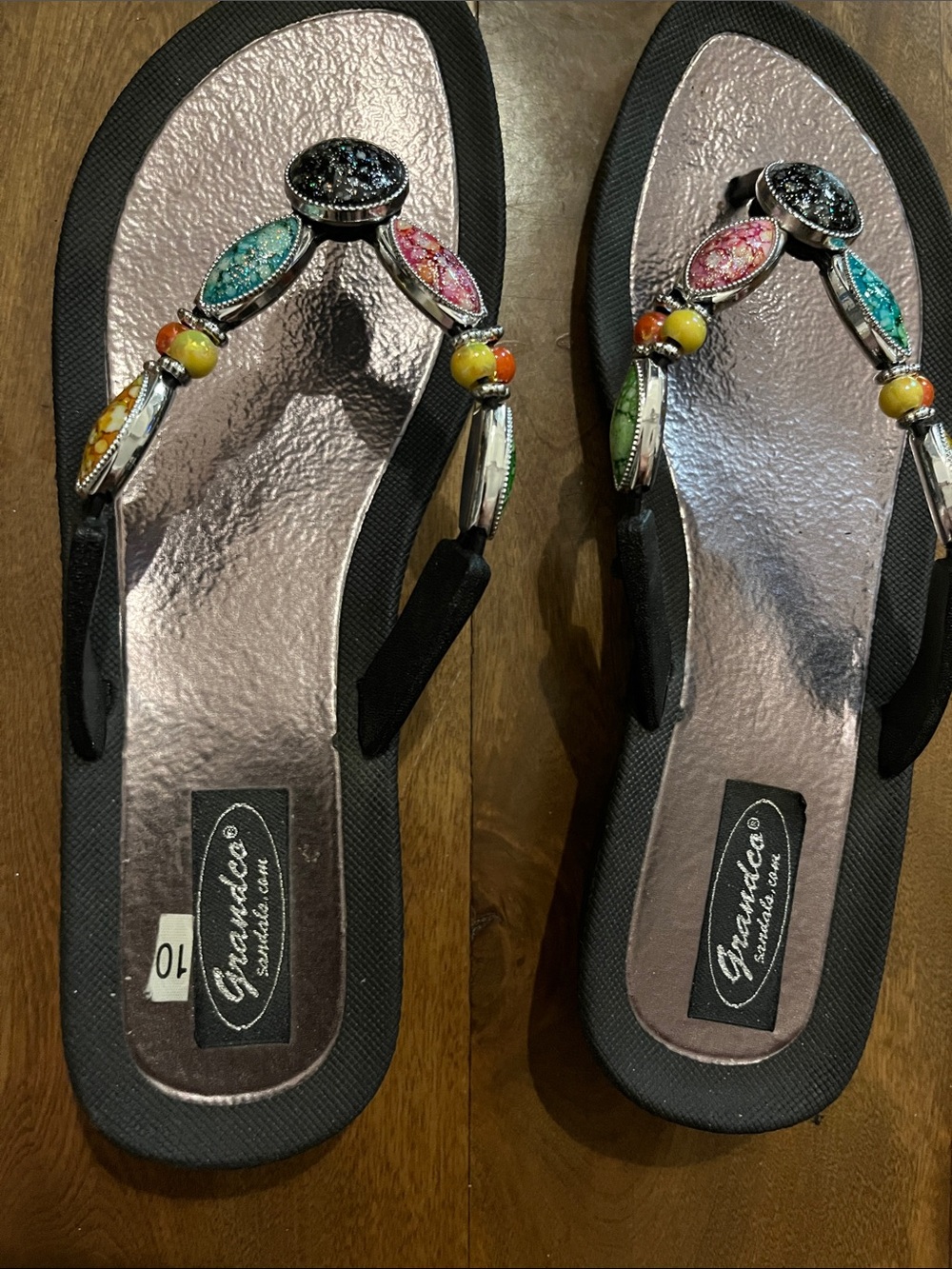 Granataco Black Thong Sandals with Multicolor Bead Accents